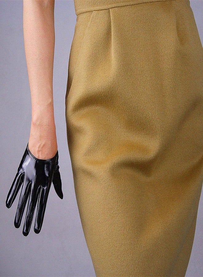 DooWay Extra Short Black Leather Gloves Women Half Palm 5" Unlined Faux Patent PU Dressy Costume Gloves - Image 5